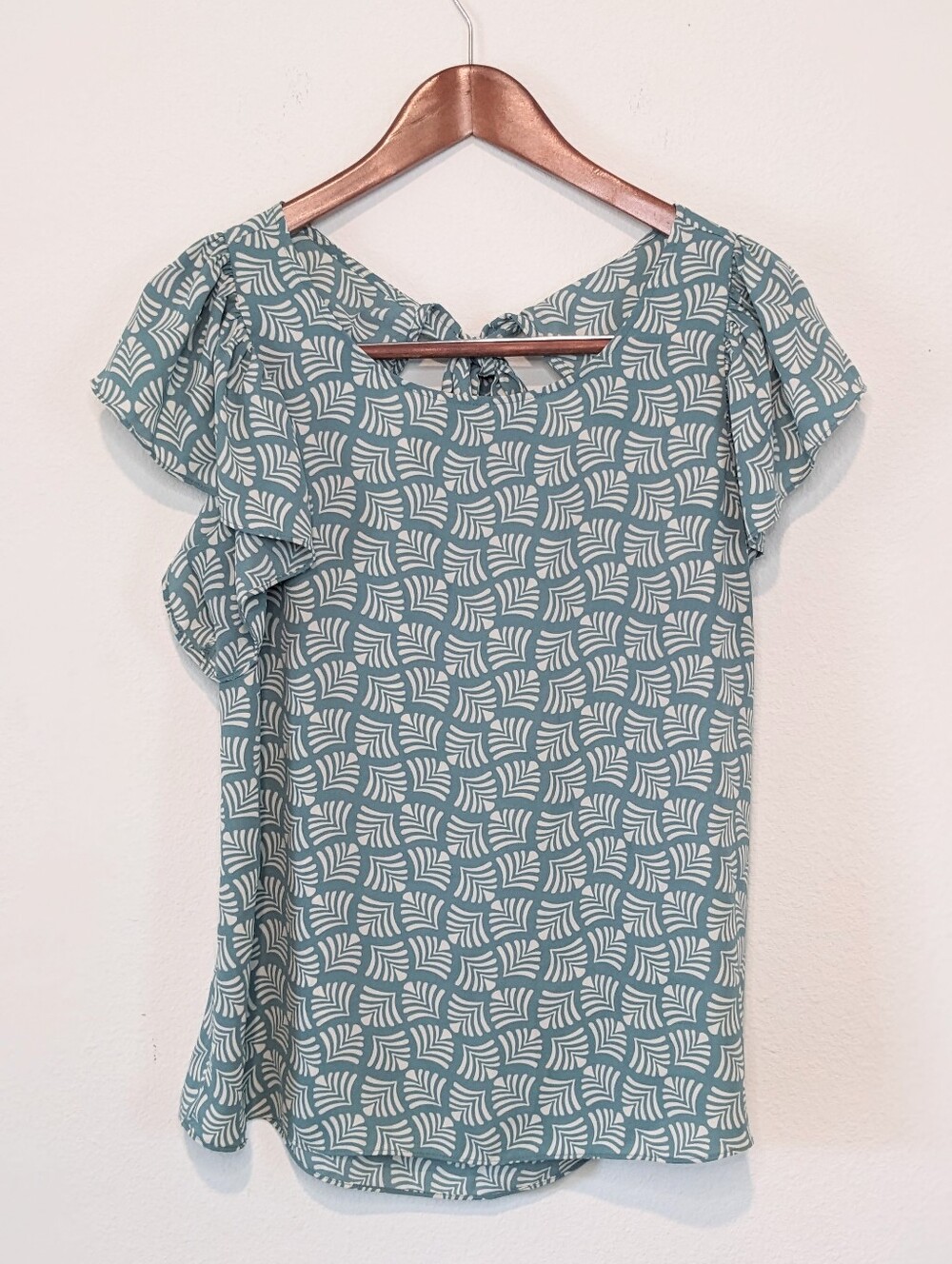 Cato Flutter Short Sleeve Blouse Geometric Print Teal White Size S